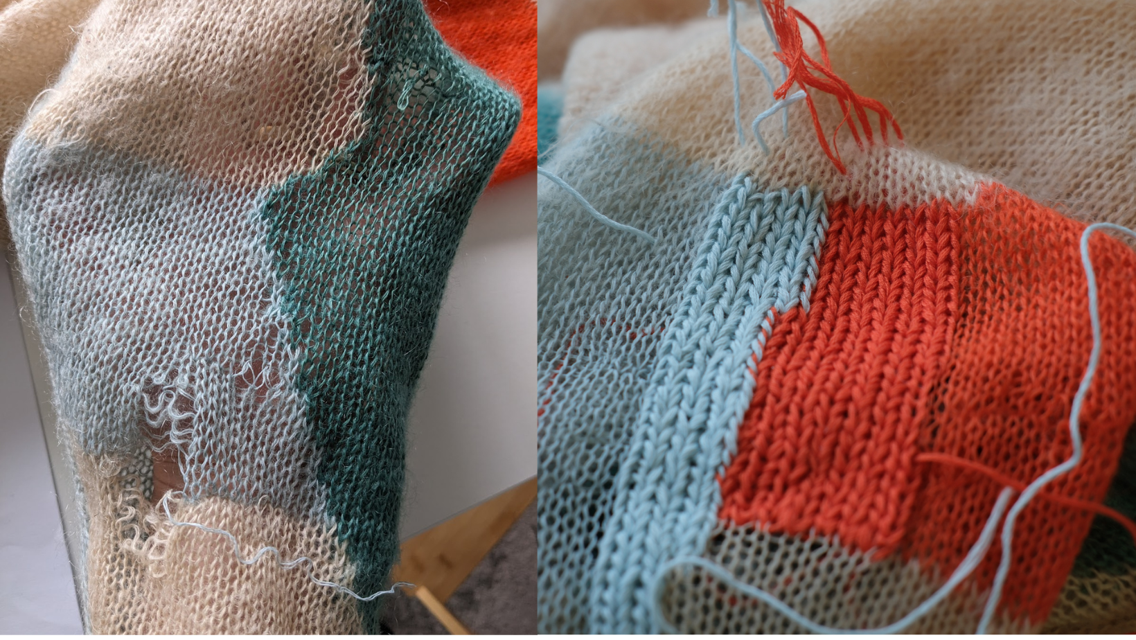 Close-up of knitted fabric with a lace pattern and colorful swatch.