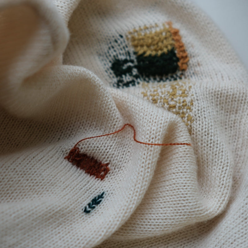 Close-up of a knitted item with embroidered designs on a white background