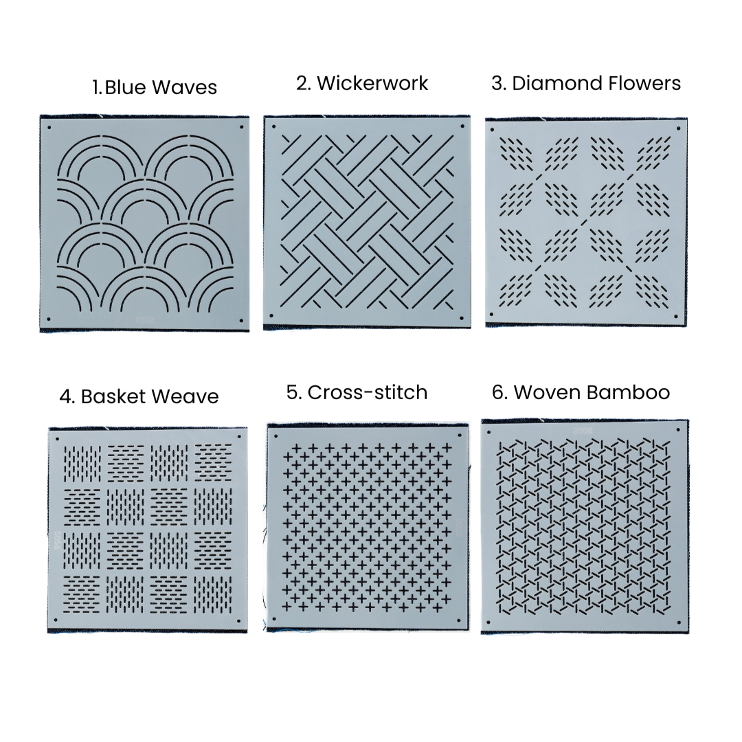 Set of six plastic pattern stencils laid over indigo swatches on a white background