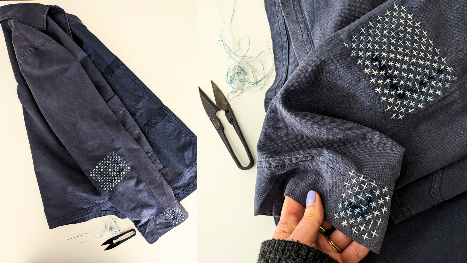 Dark blue fabric with embroidered sashikopatterns on a light beige background